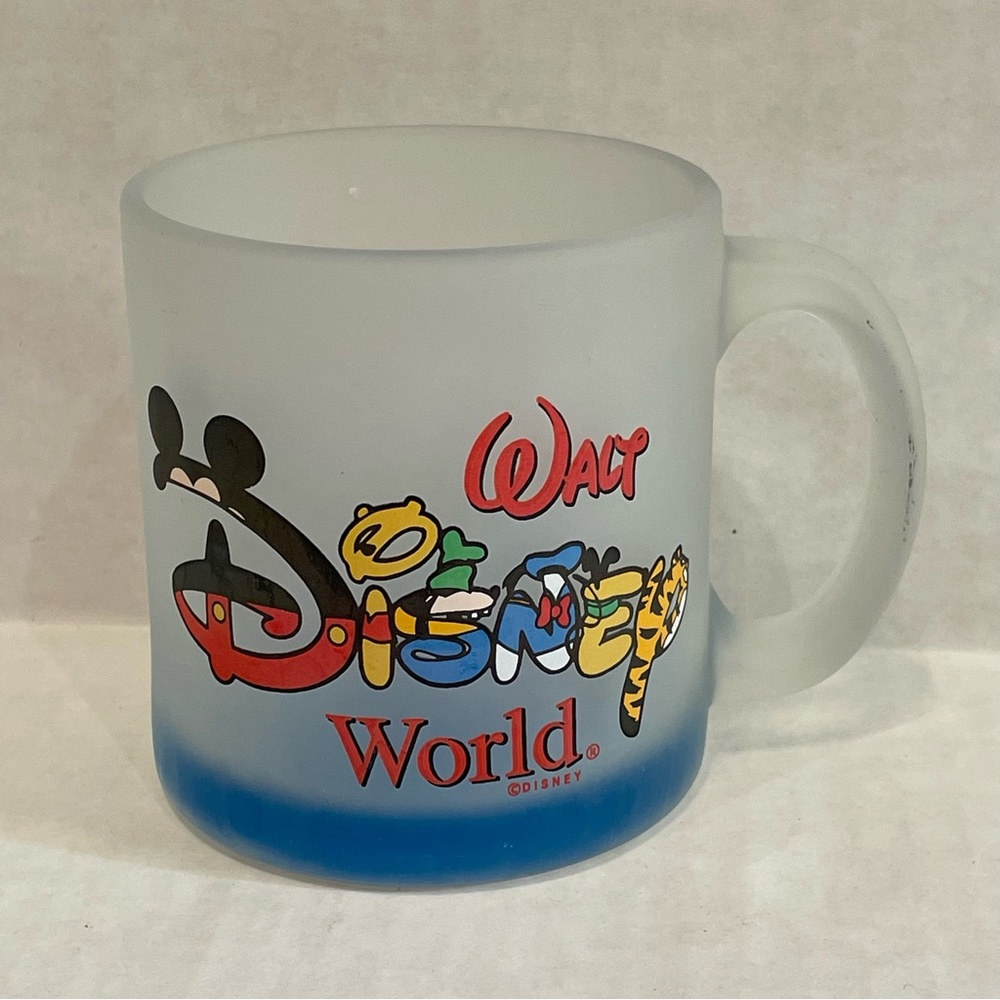 VTG Walt Disney World Frosted Coffee Mug Cup Glass Mickey Mouse Donald Duck Pooh